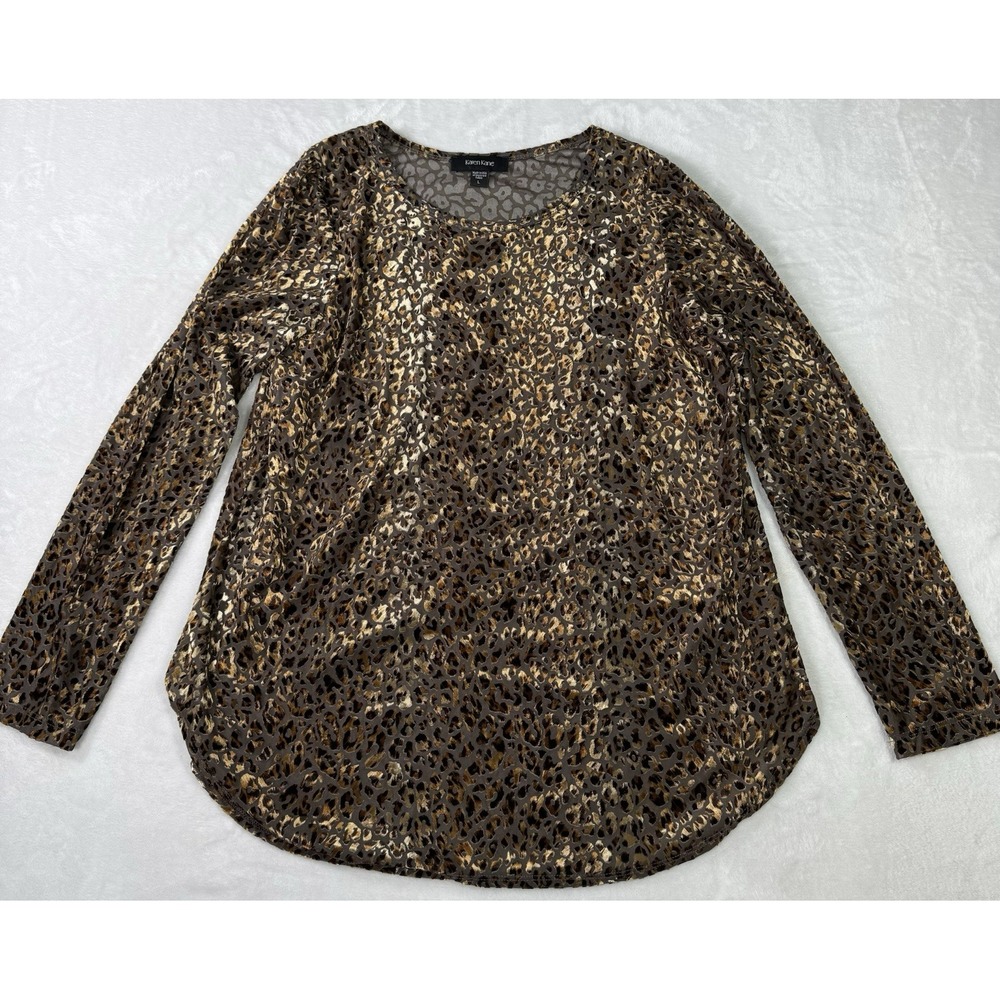 Karen Kane Leopard Print Shirt Womens Large Brown Tunic Shimmer Velvet‎ Made USA